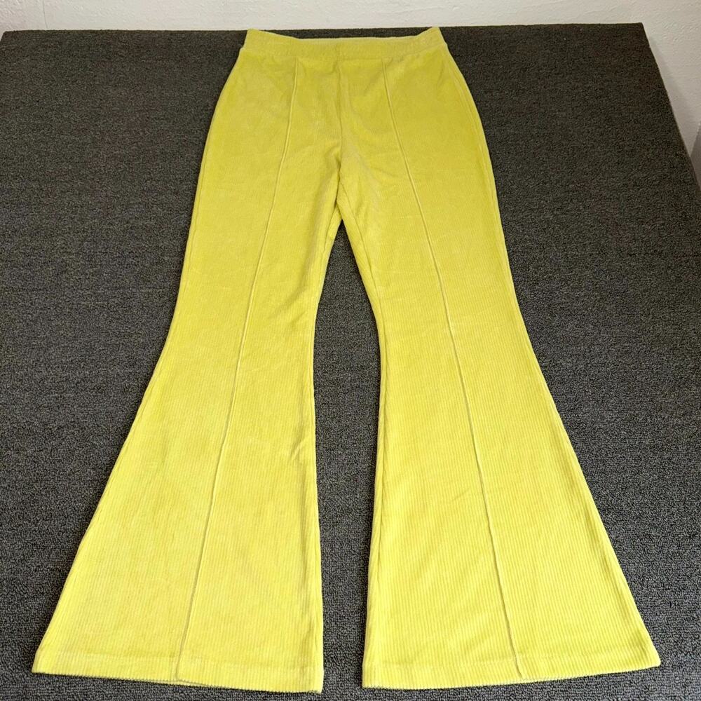 Aerie Groove-On Rib Velour Flare Pants Womens Medium Lime Elastic Waistband